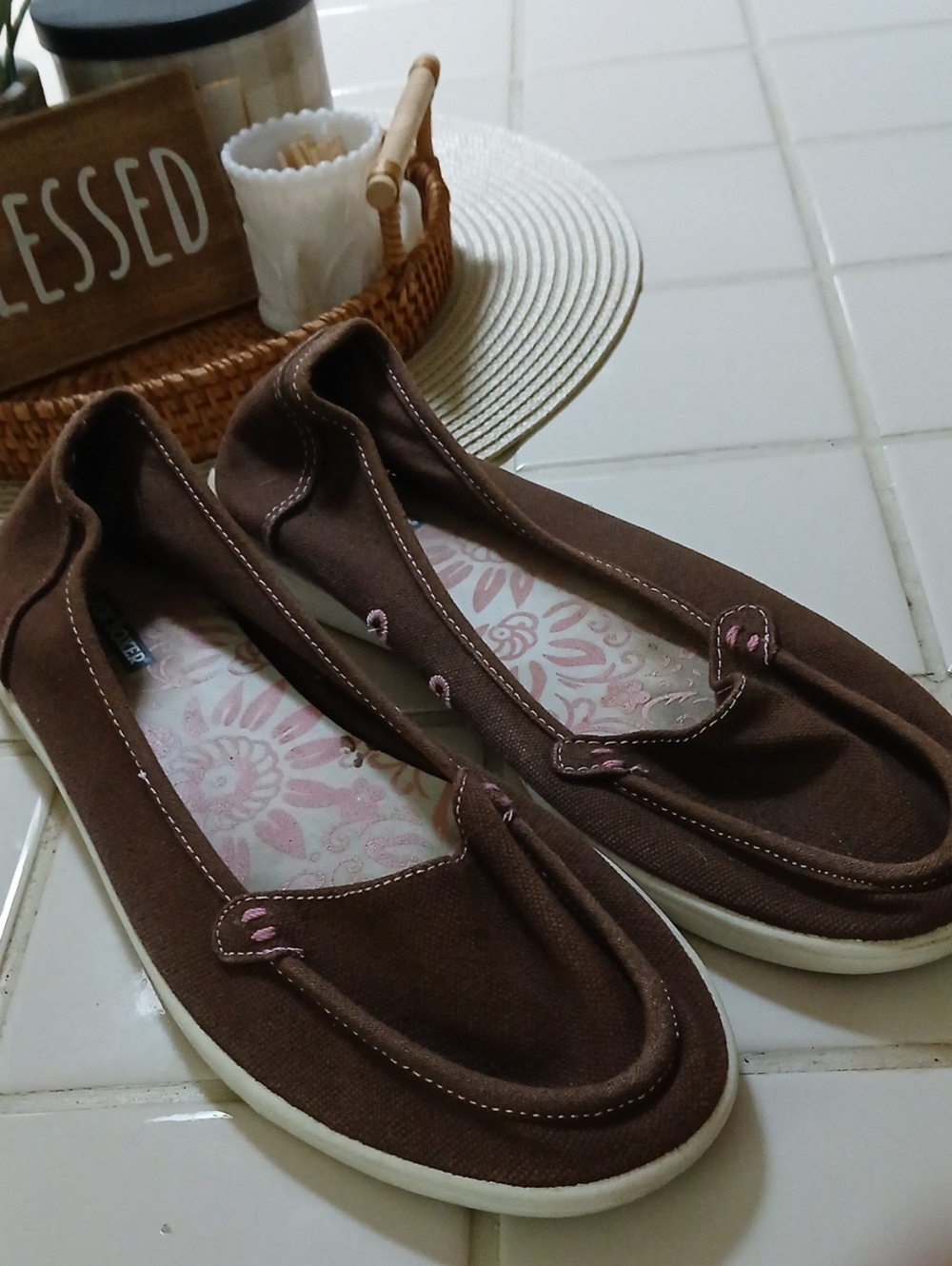 Joe Boxer Brown Canvas Slip-On Flats with Pink Accents